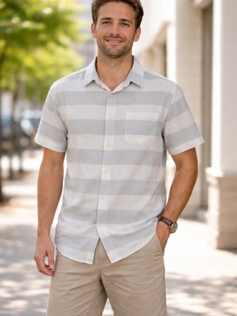 Outerknown Men's Short Sleeve Button-Down Shirt in White and Light Gray Stripe